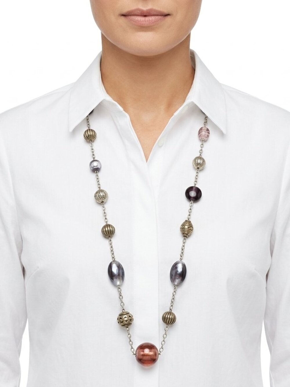 Long Mixed Bead Necklace in Metallic, Purple and Rose - Women Jewelry Necklaces